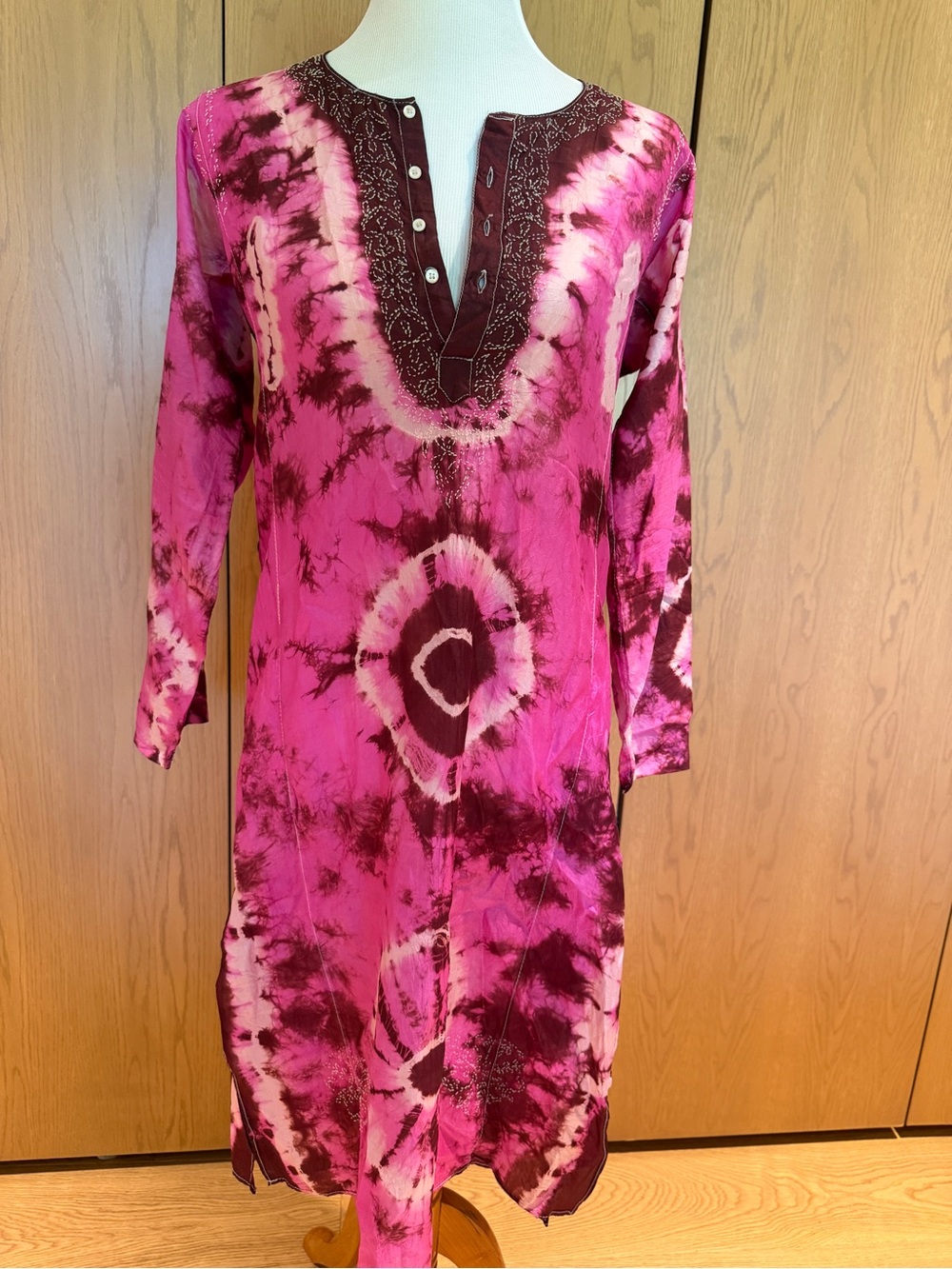 Vintage Pink Tie Dye Silk Blend Embroidered Tunic Dress Size 38 / 6